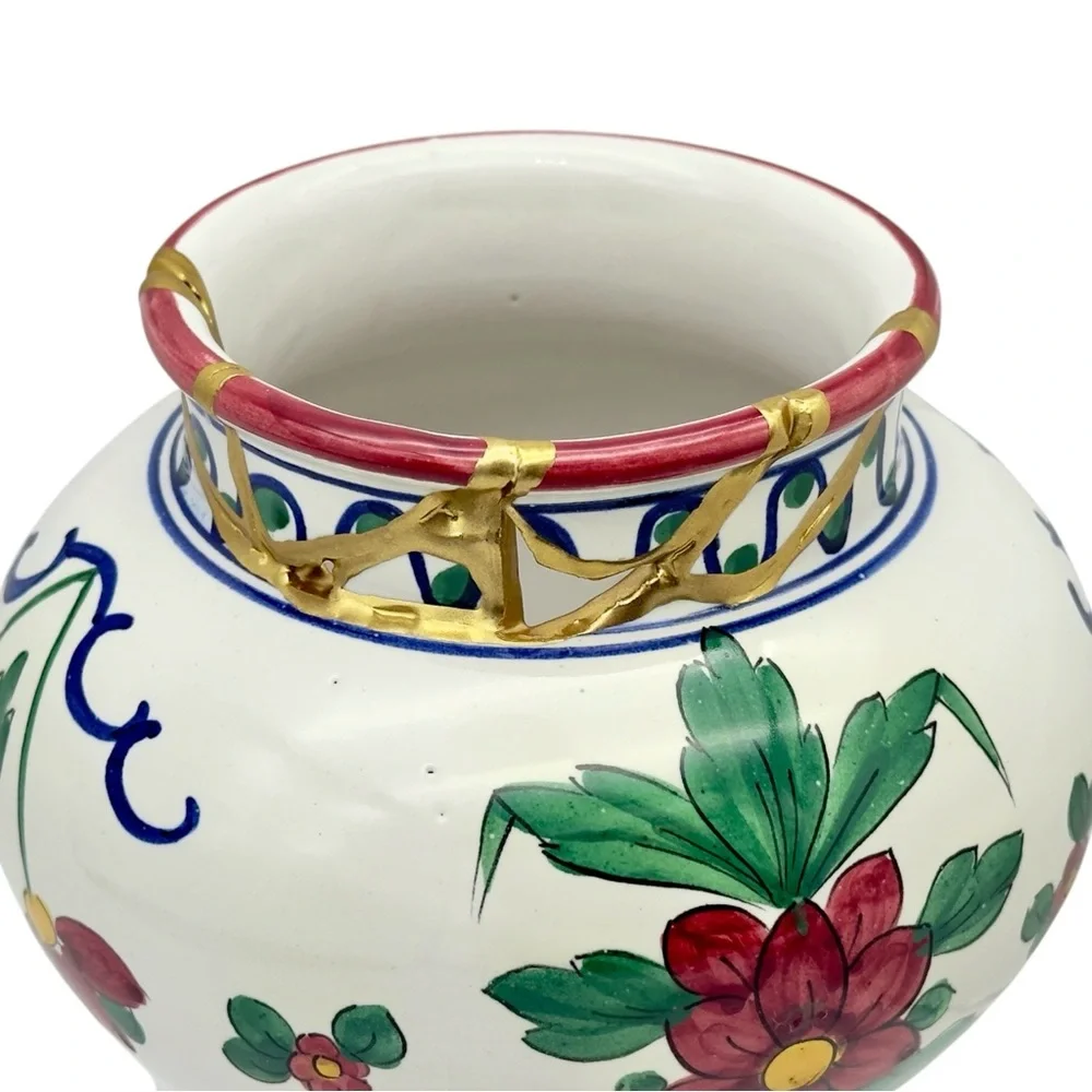 Kintsugi Vase Italian Majolica Pottery Gold Crack Art Personal Growth Gift - Picture 6 of 17